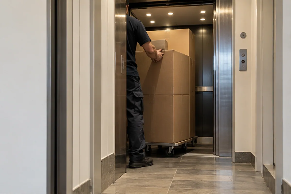 compact cartons in an elevator lobby